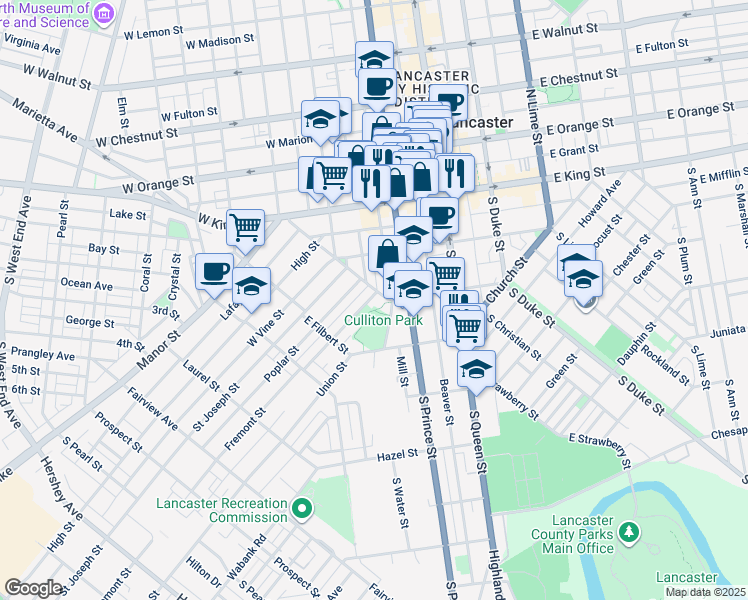 map of restaurants, bars, coffee shops, grocery stores, and more near 410 Fremont Street in Lancaster