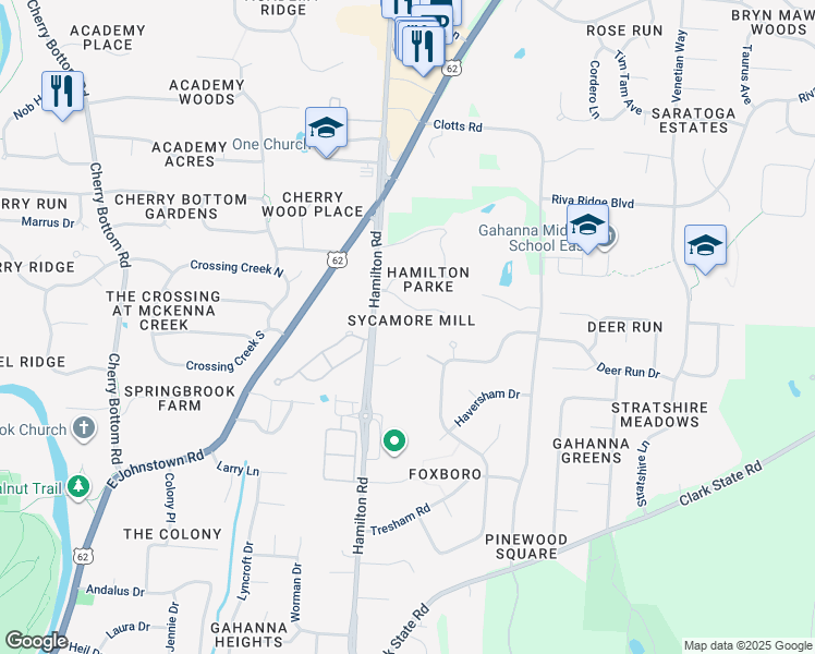 map of restaurants, bars, coffee shops, grocery stores, and more near 454 Thorburn Place in Columbus