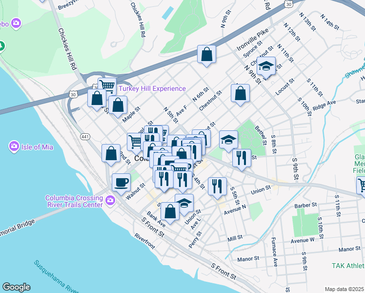 map of restaurants, bars, coffee shops, grocery stores, and more near 433 Walnut Street in Columbia