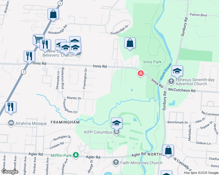 map of restaurants, bars, coffee shops, grocery stores, and more near 2781 Innis Road in Columbus