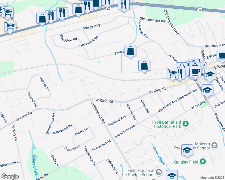 map of restaurants, bars, coffee shops, grocery stores, and more near 812 Charleston Green in Malvern