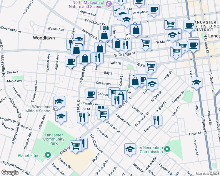 map of restaurants, bars, coffee shops, grocery stores, and more near 641 3rd Street in Lancaster