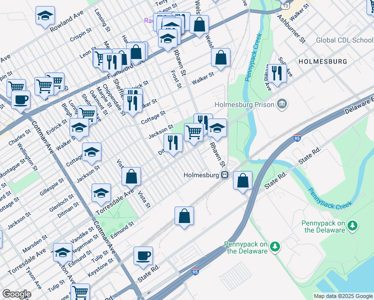 map of restaurants, bars, coffee shops, grocery stores, and more near 4619 Ashville Street in Philadelphia
