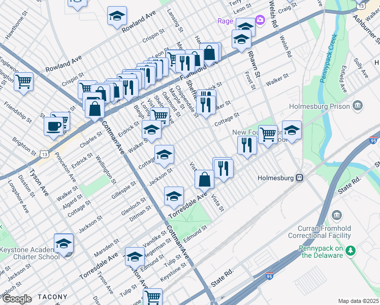 map of restaurants, bars, coffee shops, grocery stores, and more near 4425 Shelmire Avenue in Philadelphia