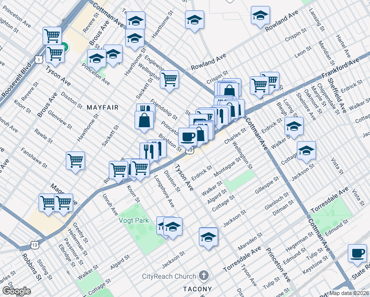 map of restaurants, bars, coffee shops, grocery stores, and more near 3429 Brighton Street in Philadelphia