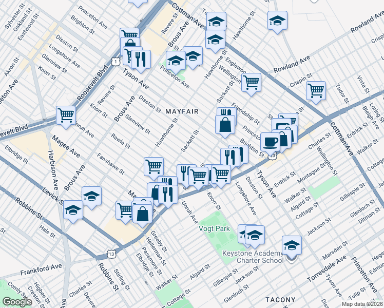 map of restaurants, bars, coffee shops, grocery stores, and more near 3200 Longshore Avenue in Philadelphia