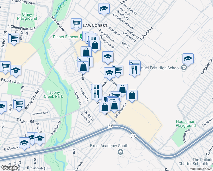 map of restaurants, bars, coffee shops, grocery stores, and more near 5442 Tabor Avenue in Philadelphia