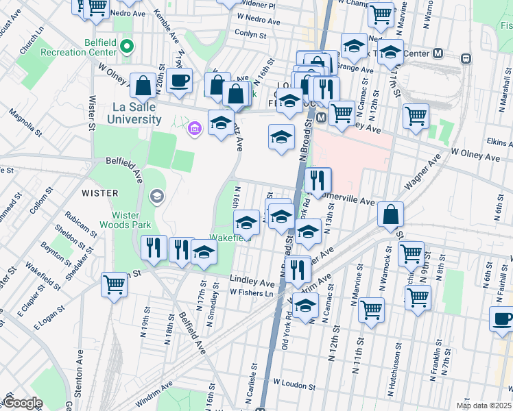 map of restaurants, bars, coffee shops, grocery stores, and more near 5319 North Sydenham Street in Philadelphia