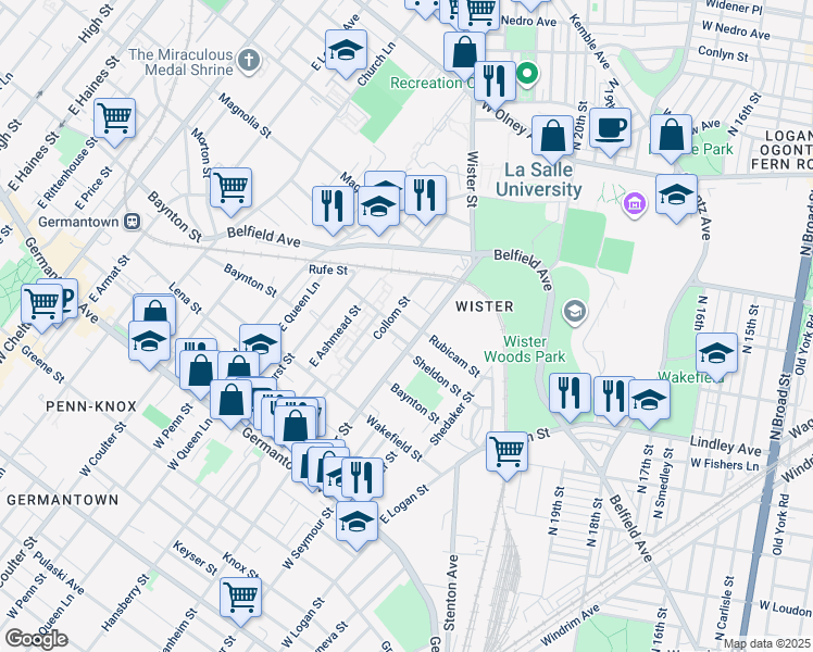map of restaurants, bars, coffee shops, grocery stores, and more near 5104 Rubicam Street in Philadelphia