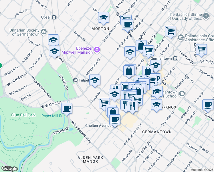 map of restaurants, bars, coffee shops, grocery stores, and more near 250 Harvey Street in Philadelphia