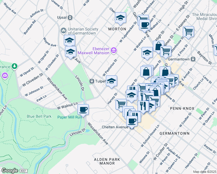 map of restaurants, bars, coffee shops, grocery stores, and more near 6103 Wayne Avenue in Philadelphia