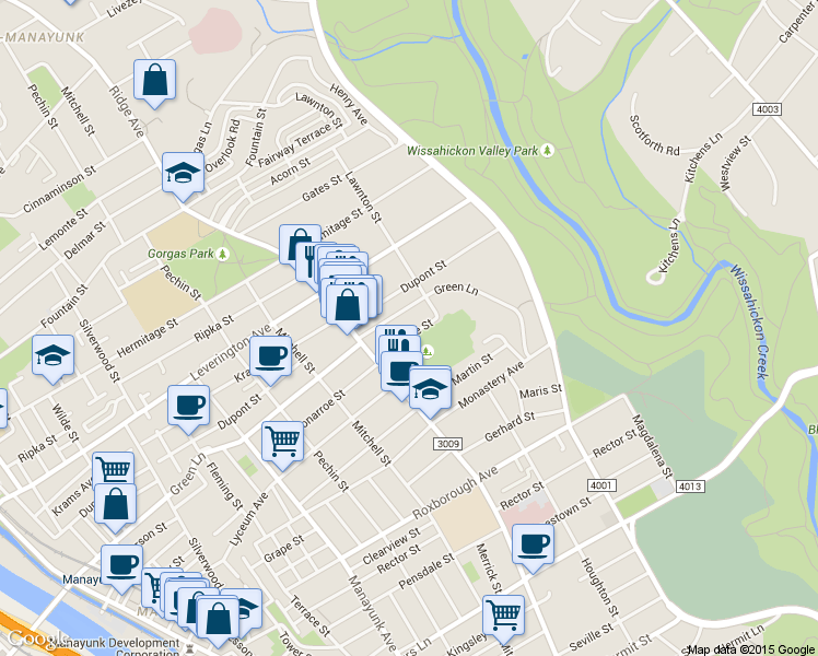 map of restaurants, bars, coffee shops, grocery stores, and more near 540 Green Lane in Philadelphia