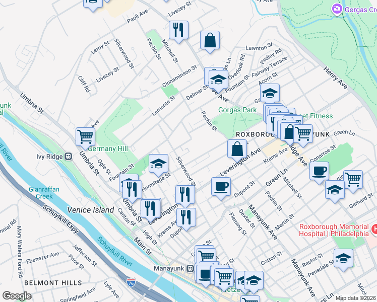 map of restaurants, bars, coffee shops, grocery stores, and more near 339 Gates Street in Philadelphia