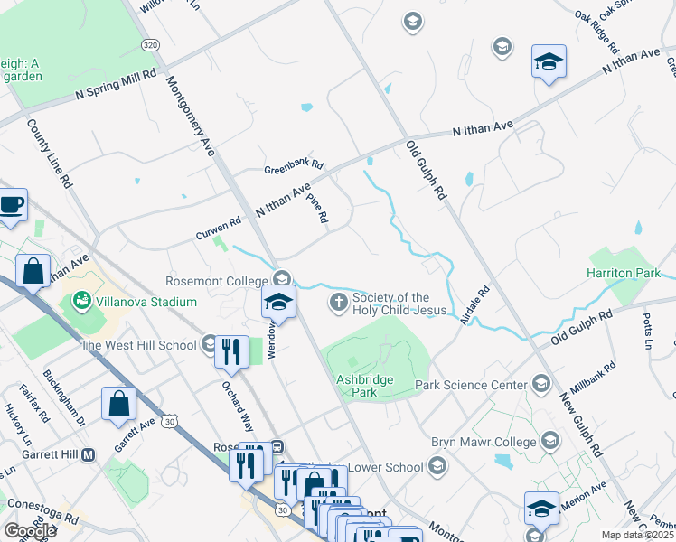map of restaurants, bars, coffee shops, grocery stores, and more near 1401 Montgomery Avenue in Bryn Mawr