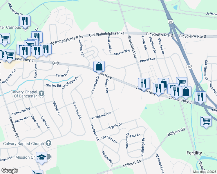 map of restaurants, bars, coffee shops, grocery stores, and more near 8 Landis Avenue in Lancaster