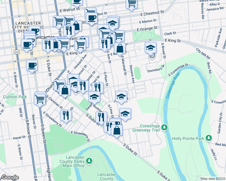 map of restaurants, bars, coffee shops, grocery stores, and more near 248 South Ann Street in Lancaster