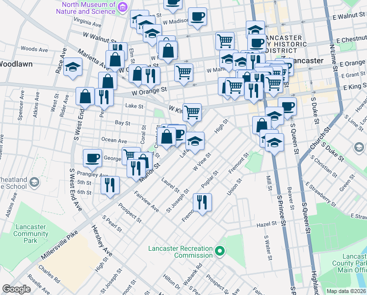 map of restaurants, bars, coffee shops, grocery stores, and more near in Lancaster