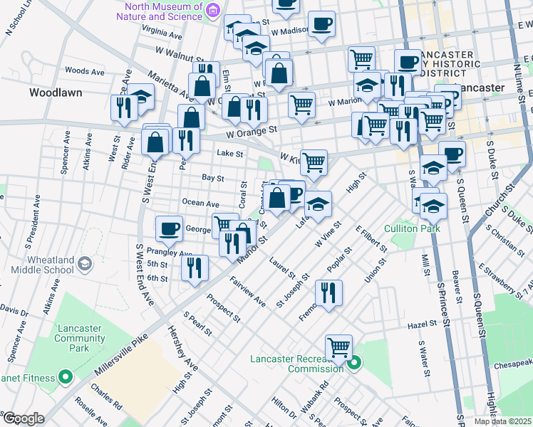 map of restaurants, bars, coffee shops, grocery stores, and more near 35 Caroline Street in Lancaster