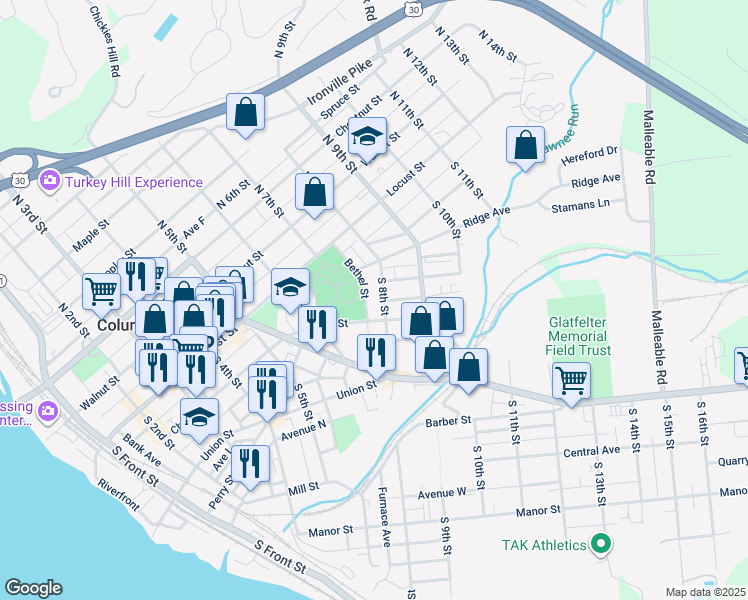 map of restaurants, bars, coffee shops, grocery stores, and more near 128 South 8th Street in Columbia