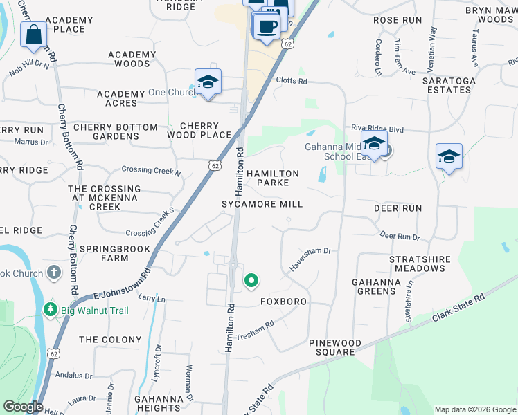 map of restaurants, bars, coffee shops, grocery stores, and more near 454 Thorburn Place in Columbus