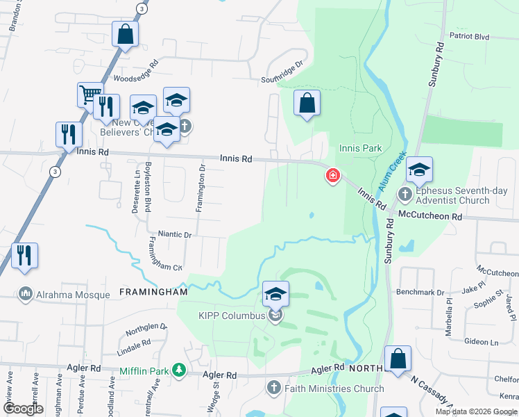 map of restaurants, bars, coffee shops, grocery stores, and more near 2781 Innis Road in Columbus