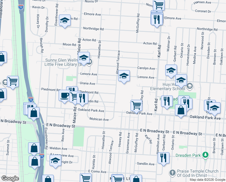 map of restaurants, bars, coffee shops, grocery stores, and more near 1117 Urana Avenue in Columbus