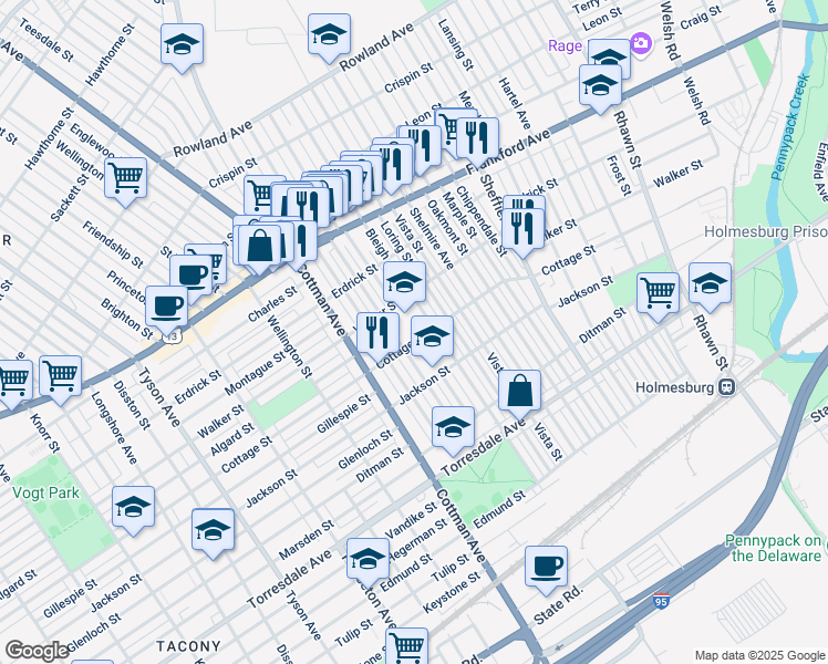 map of restaurants, bars, coffee shops, grocery stores, and more near 7300 Cottage Street in Philadelphia