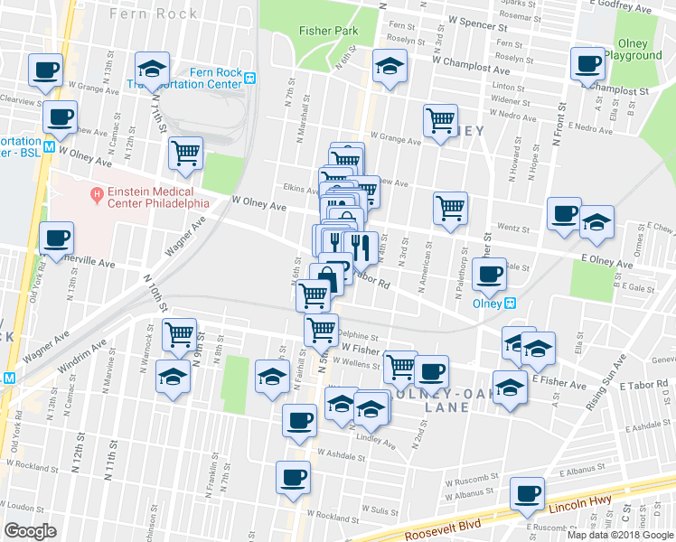 map of restaurants, bars, coffee shops, grocery stores, and more near 5440 N 5th St in Philadelphia