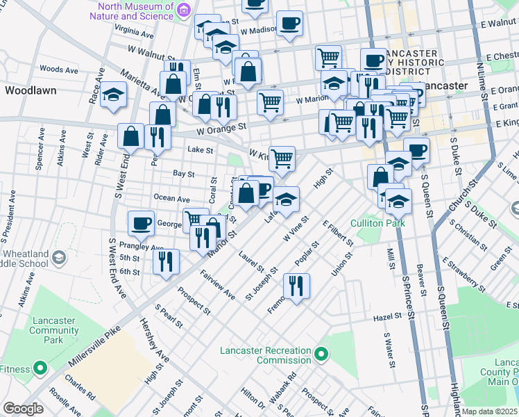 map of restaurants, bars, coffee shops, grocery stores, and more near 0 New Dorwart Street in Lancaster