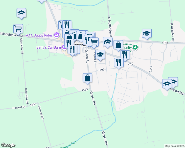 map of restaurants, bars, coffee shops, grocery stores, and more near 47 Queen Road in Gordonville