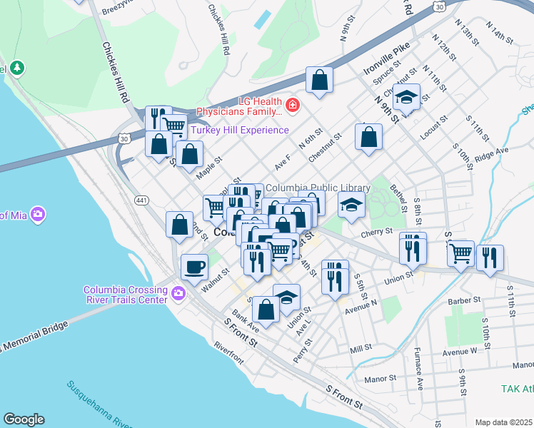 map of restaurants, bars, coffee shops, grocery stores, and more near 135 North 4th Street in Columbia