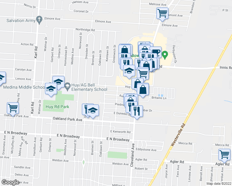 map of restaurants, bars, coffee shops, grocery stores, and more near 1747 Huy Road in Columbus