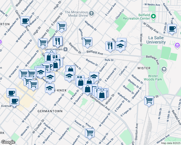map of restaurants, bars, coffee shops, grocery stores, and more near 5318 Wakefield Street in Philadelphia