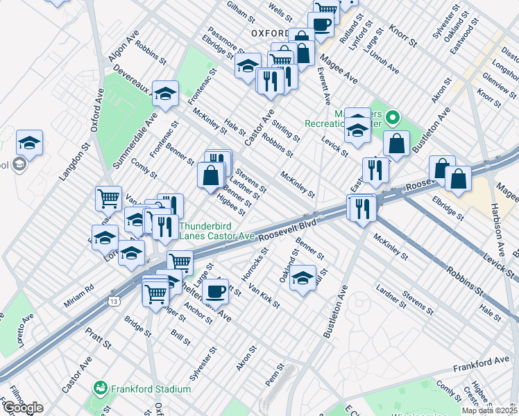 map of restaurants, bars, coffee shops, grocery stores, and more near 1507 Benner Street in Philadelphia
