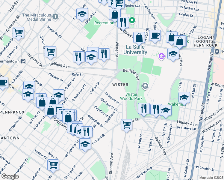 map of restaurants, bars, coffee shops, grocery stores, and more near 424 East Wister Street in Philadelphia