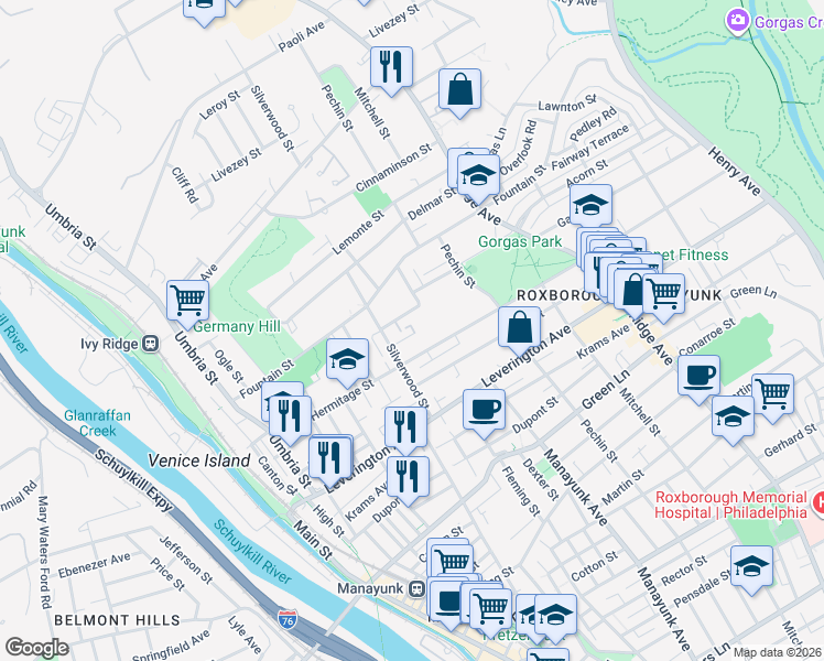 map of restaurants, bars, coffee shops, grocery stores, and more near 339 Gates Street in Philadelphia