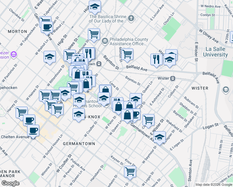 map of restaurants, bars, coffee shops, grocery stores, and more near 5414 Lena Street in Philadelphia