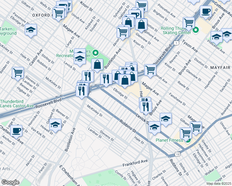 map of restaurants, bars, coffee shops, grocery stores, and more near 2634 Elbridge Street in Philadelphia