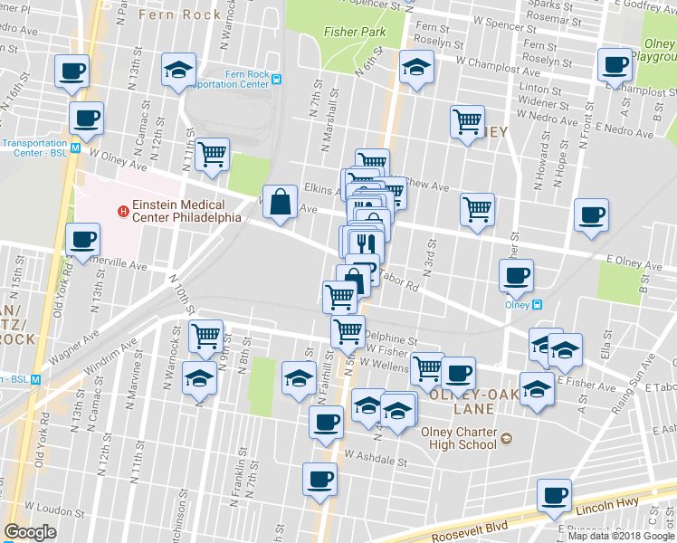map of restaurants, bars, coffee shops, grocery stores, and more near 5432 North Fairhill Street in Philadelphia