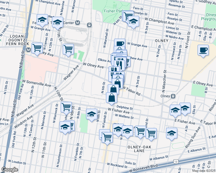 map of restaurants, bars, coffee shops, grocery stores, and more near 5432 North Fairhill Street in Philadelphia