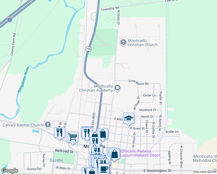 map of restaurants, bars, coffee shops, grocery stores, and more near 1130 North State Street in Monticello