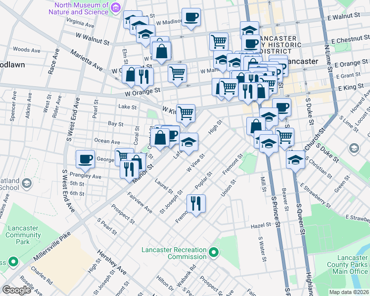 map of restaurants, bars, coffee shops, grocery stores, and more near 519 Lafayette Street in Lancaster