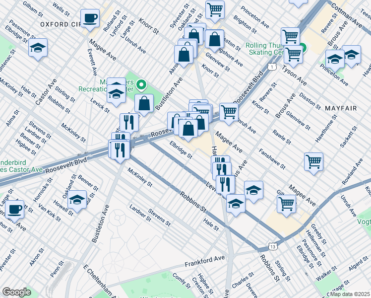 map of restaurants, bars, coffee shops, grocery stores, and more near 2655 Elbridge Street in Philadelphia