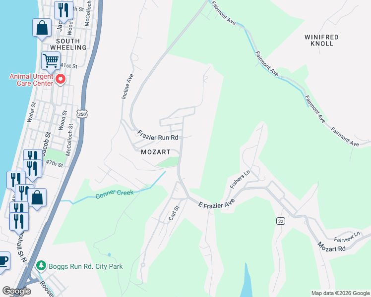 map of restaurants, bars, coffee shops, grocery stores, and more near 940 Frazier Run Road in Wheeling