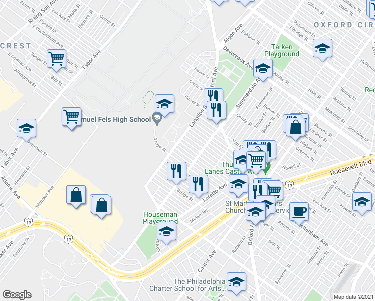 map of restaurants, bars, coffee shops, grocery stores, and more near 868 Anchor Street in Philadelphia