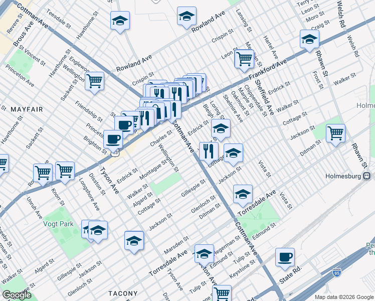 map of restaurants, bars, coffee shops, grocery stores, and more near 4225 Pennsylvania 73 in Philadelphia
