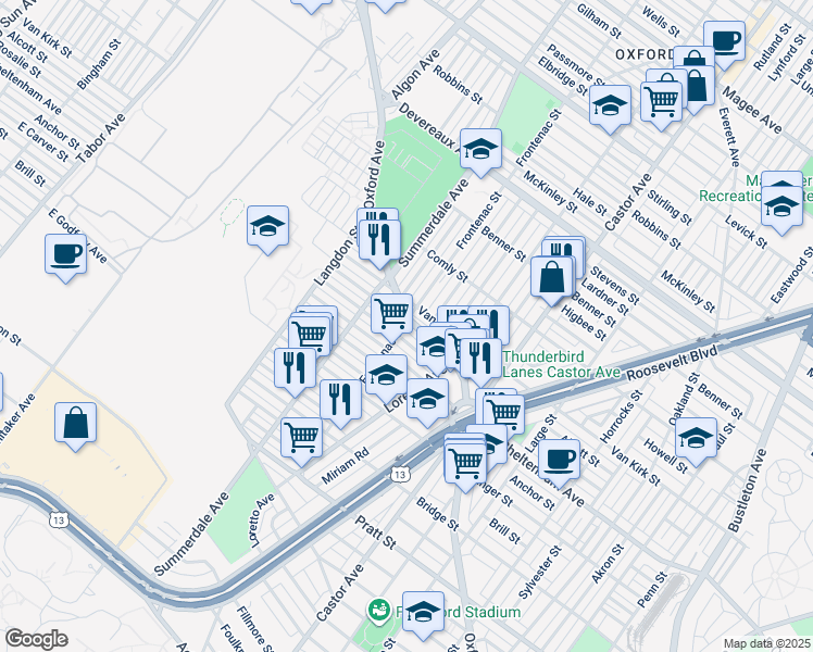 map of restaurants, bars, coffee shops, grocery stores, and more near 5872 Oxford Avenue in Philadelphia