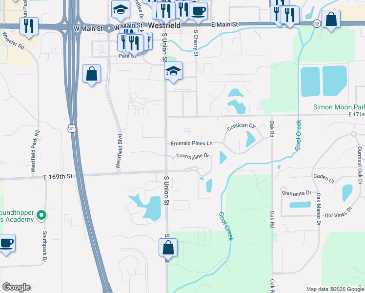 map of restaurants, bars, coffee shops, grocery stores, and more near 1908 Emerald Pines Lane in Westfield