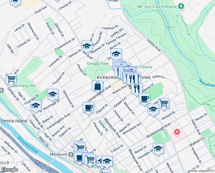map of restaurants, bars, coffee shops, grocery stores, and more near 430 Leverington Avenue in Philadelphia