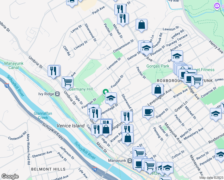map of restaurants, bars, coffee shops, grocery stores, and more near 4749 Sheldon Street in Philadelphia